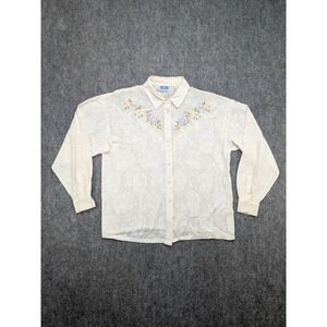 Vintage QPS Lace Blouse Floral‎ Embroidered Long Sleeve Ivory Cottagecore Granny